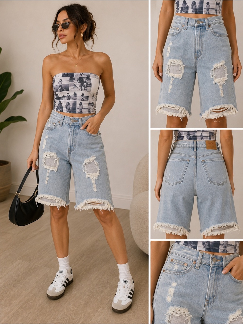 Light Blue Jeans Bermuda‎ Shorts Distressed High Waisted Size M /28